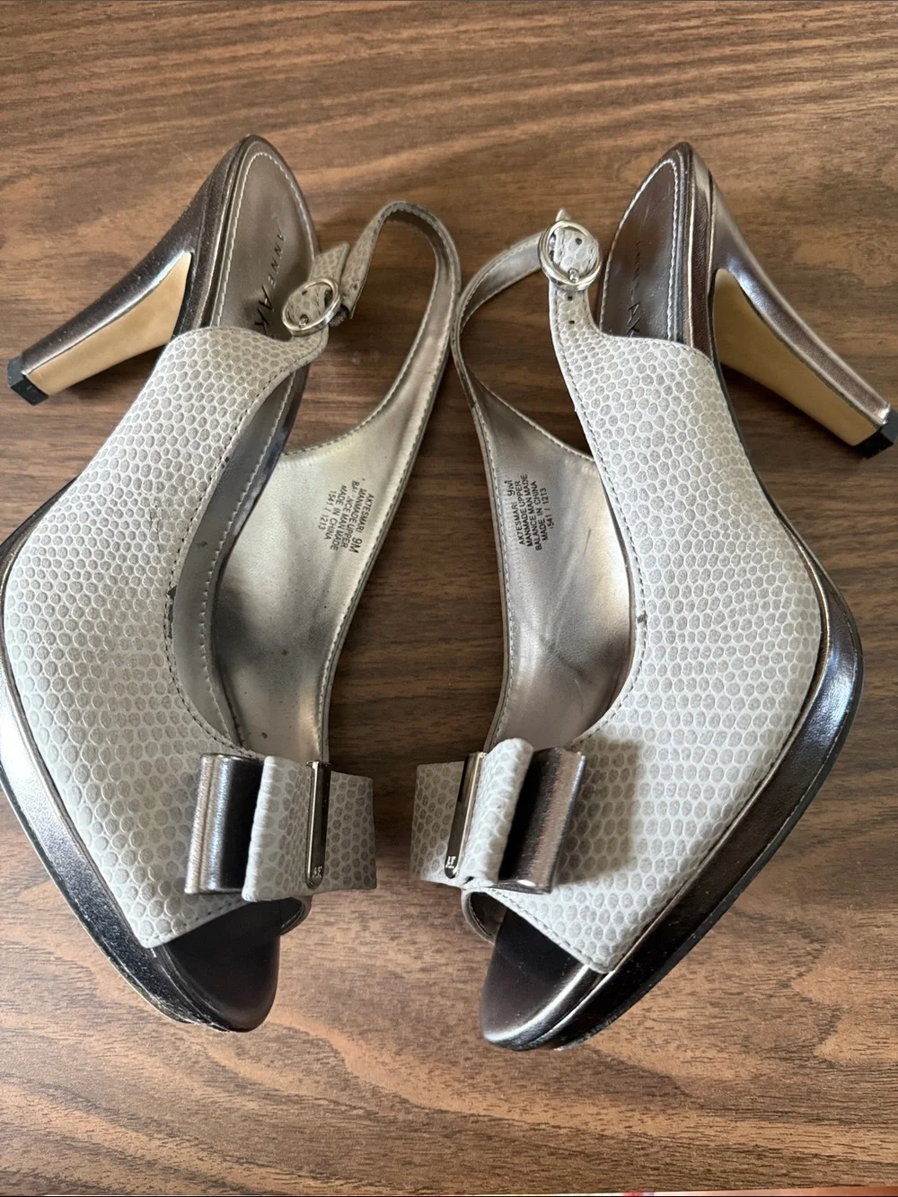 Anne Klein Metallic Silver Peep-Toe Slingback Heels with Bow Accent